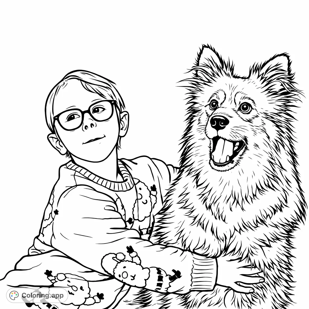Festive Boy and Dog Hug - Coloring.app