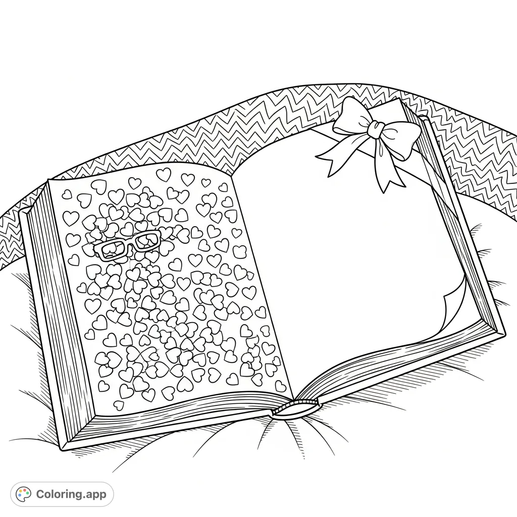 A charming open book coloring page featuring a whimsical scattering of tiny hearts and a delicate bow. Perfect for personalized stories or heartfelt gifts.