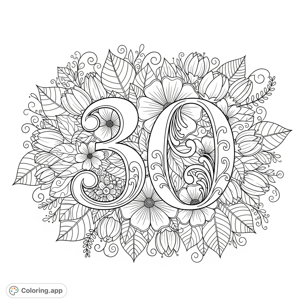 Celebrate a milestone with this elegant 30th birthday coloring page. Features a large, swirly "30" surrounded by lush botanical elements and delicate flowers.