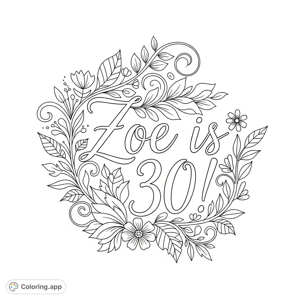 Celebrate a milestone with this "Zoe is 30!" floral calligraphy coloring page, beautifully entwined with detailed botanical elements.