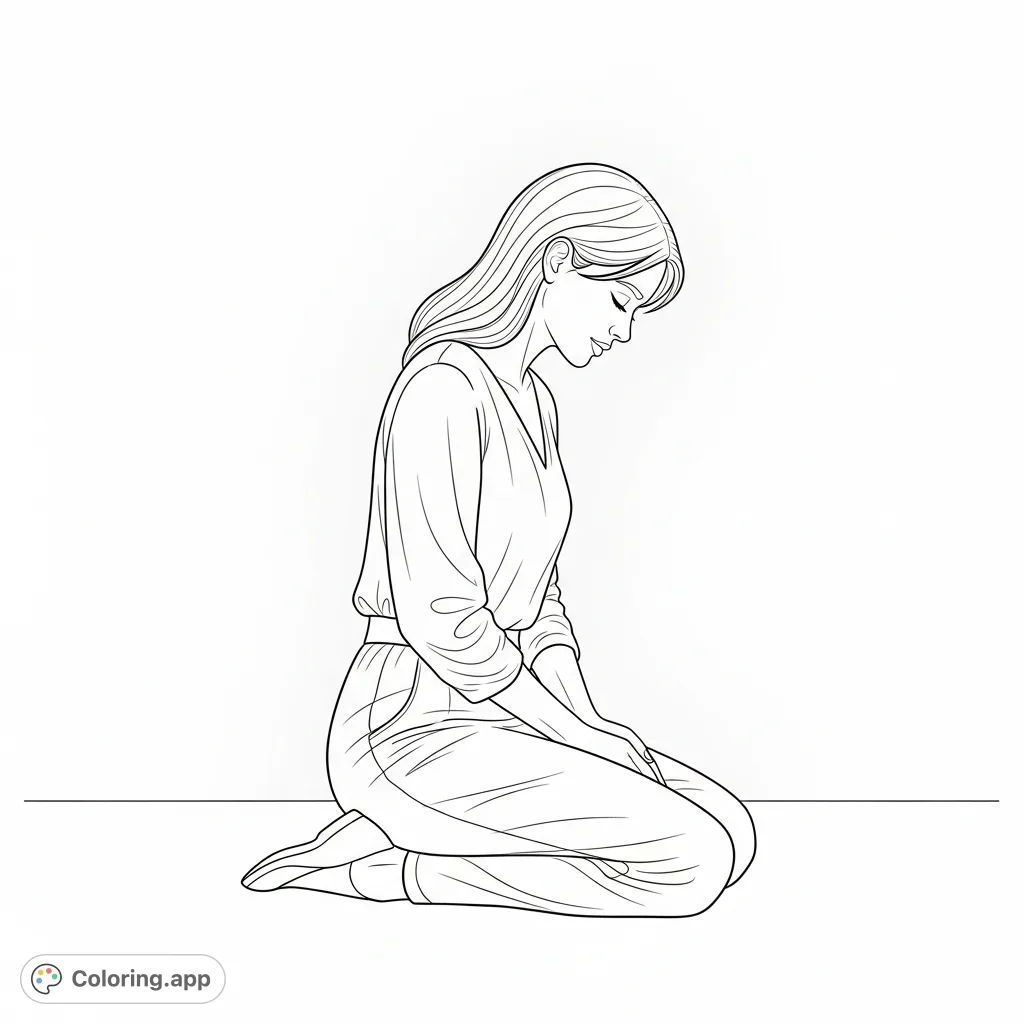 Discover tranquility with this coloring page featuring a modern woman in a serene kneeling pose, eyes closed, radiating calm. A minimal design for mindful coloring.