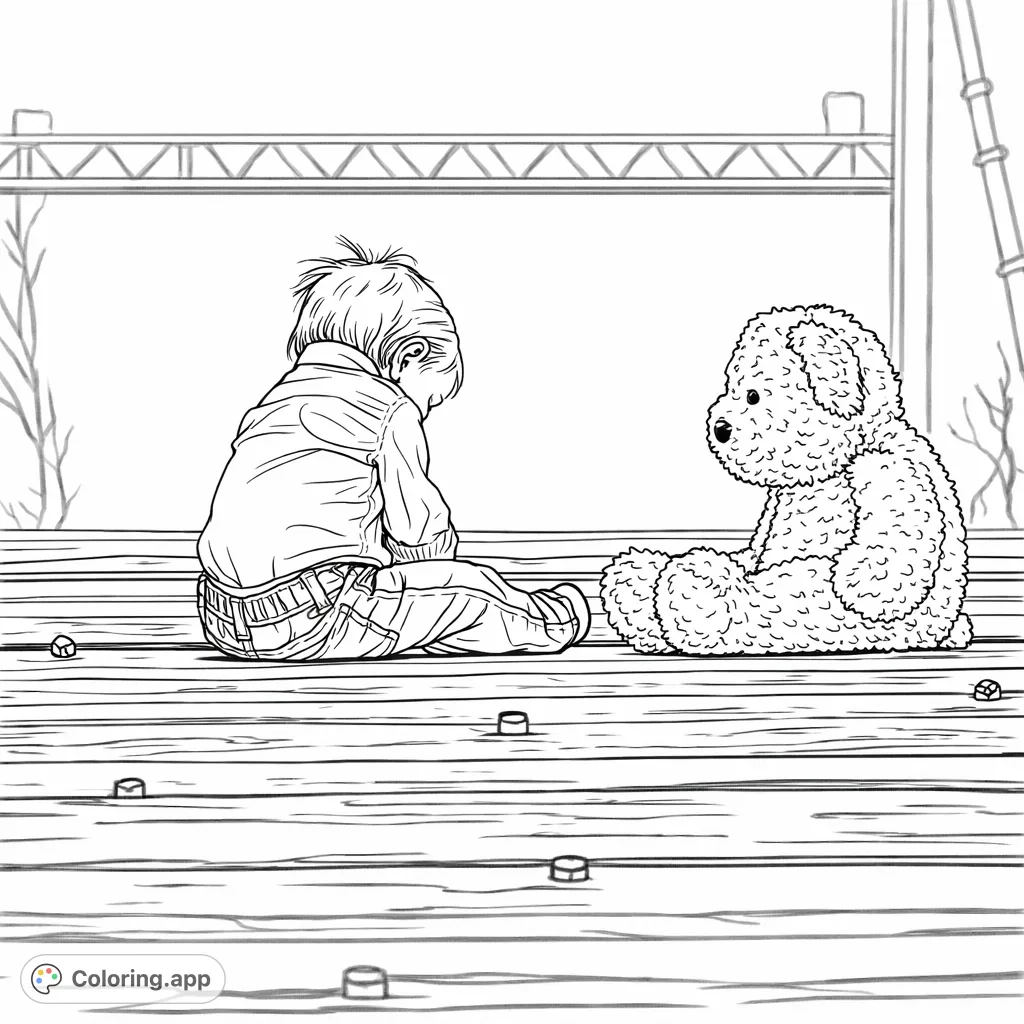 A heartwarming free printable child and teddy bear coloring page, capturing a tender, quiet moment on a wooden surface, perfect for fostering imagination.
