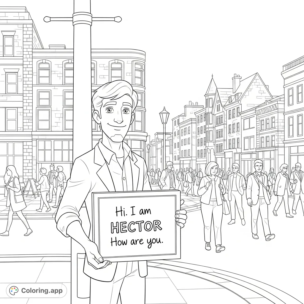 A heartwarming urban scene featuring Hector, who holds a whiteboard with a friendly message. Old brick buildings and strolling people create a bustling street corner.