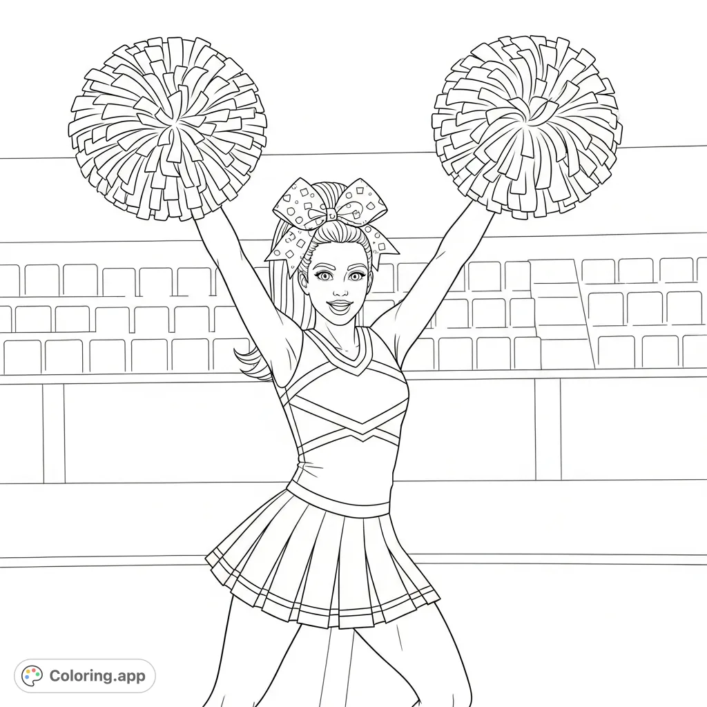 An energetic cheerleader in a dynamic pose, holding fluffy pom-poms and sporting a big bow in her hair. Perfect for inspiring enthusiasm.