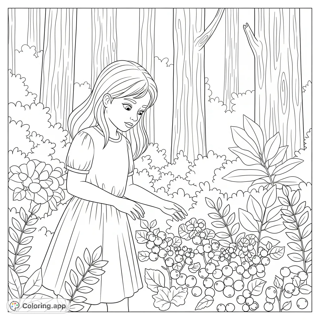 A charming forest coloring page featuring a young girl gently walking among trees, discovering luscious berry bushes. Perfect for nature lovers.