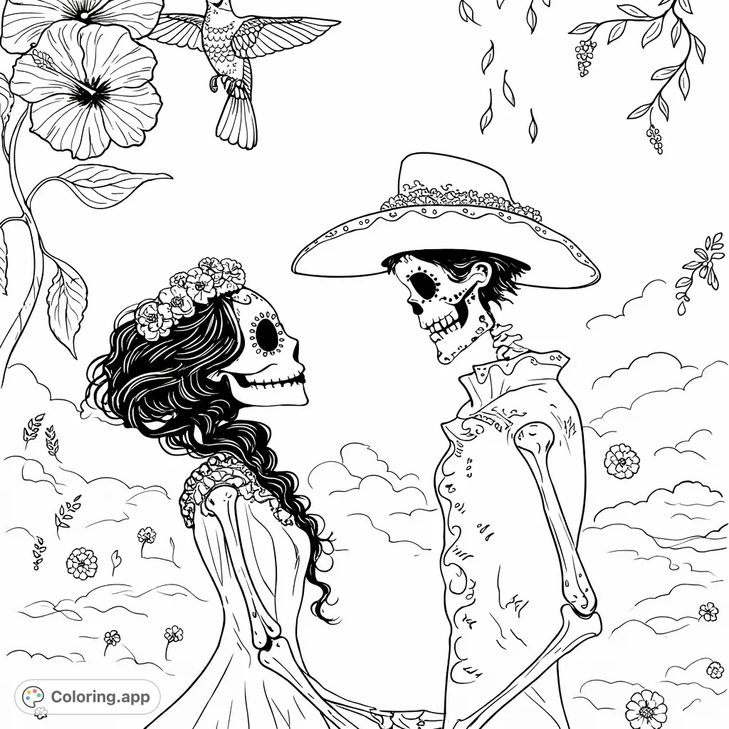 Celebrate the Day of the Dead with this romantic calavera couple. Intricate details and a vibrant floral background make this a perfect festive coloring page.