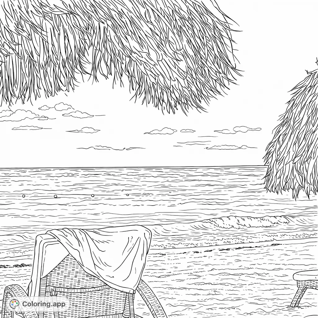 Serene beach scene with a lounge chair under thatched umbrellas, overlooking the tranquil ocean. Perfect for a relaxing coloring experience.