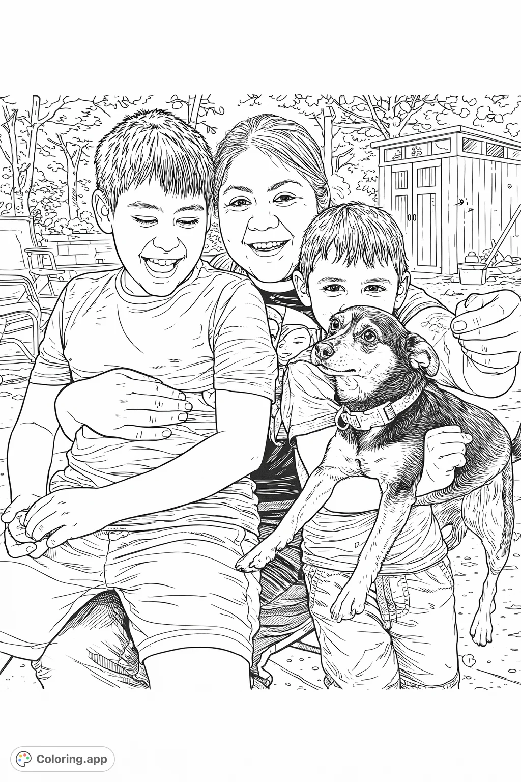A heartwarming family portrait coloring page featuring a woman, two boys, and their small dog, set amidst a confetti celebration. Highly detailed for an engaging experience.