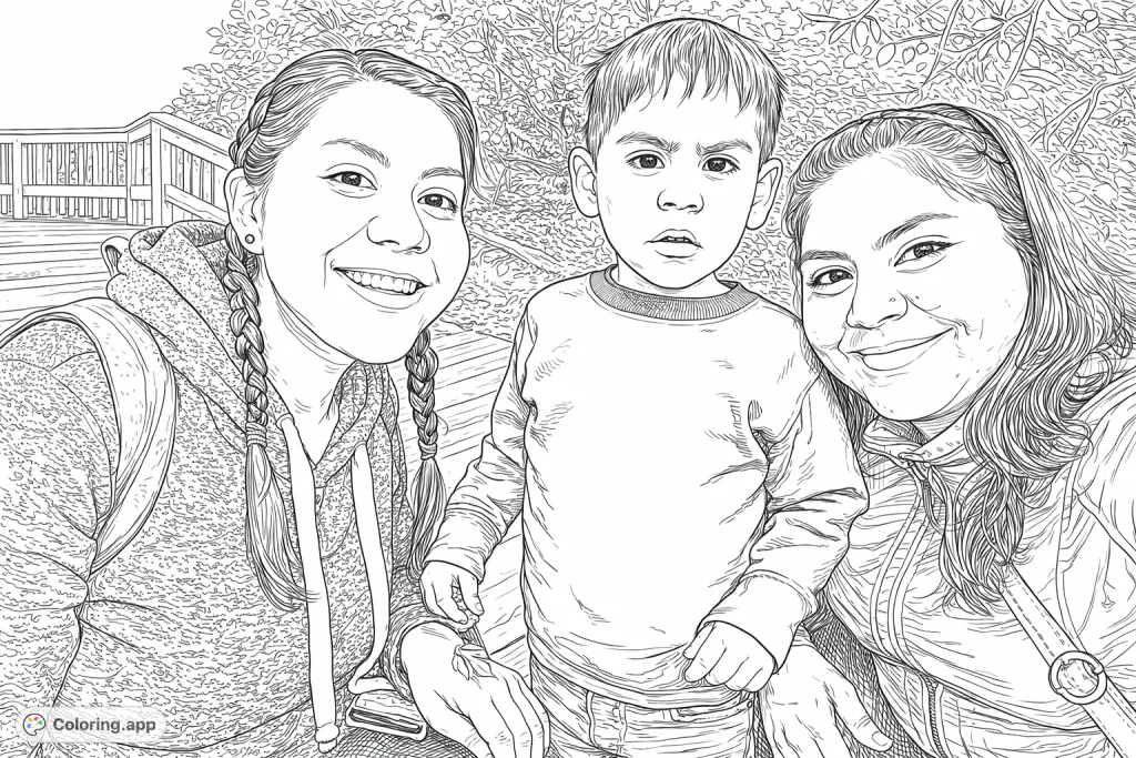 Capture a moment of joy with a family group portrait coloring page, featuring two women and a child on an outdoor adventure. A heartwarming coloring page for kids and adults.