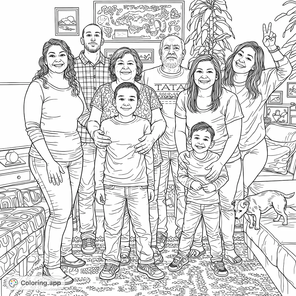 Capture the warmth of a multi-generational family portrait, featuring eight smiling individuals and a small dog in a detailed indoor setting.