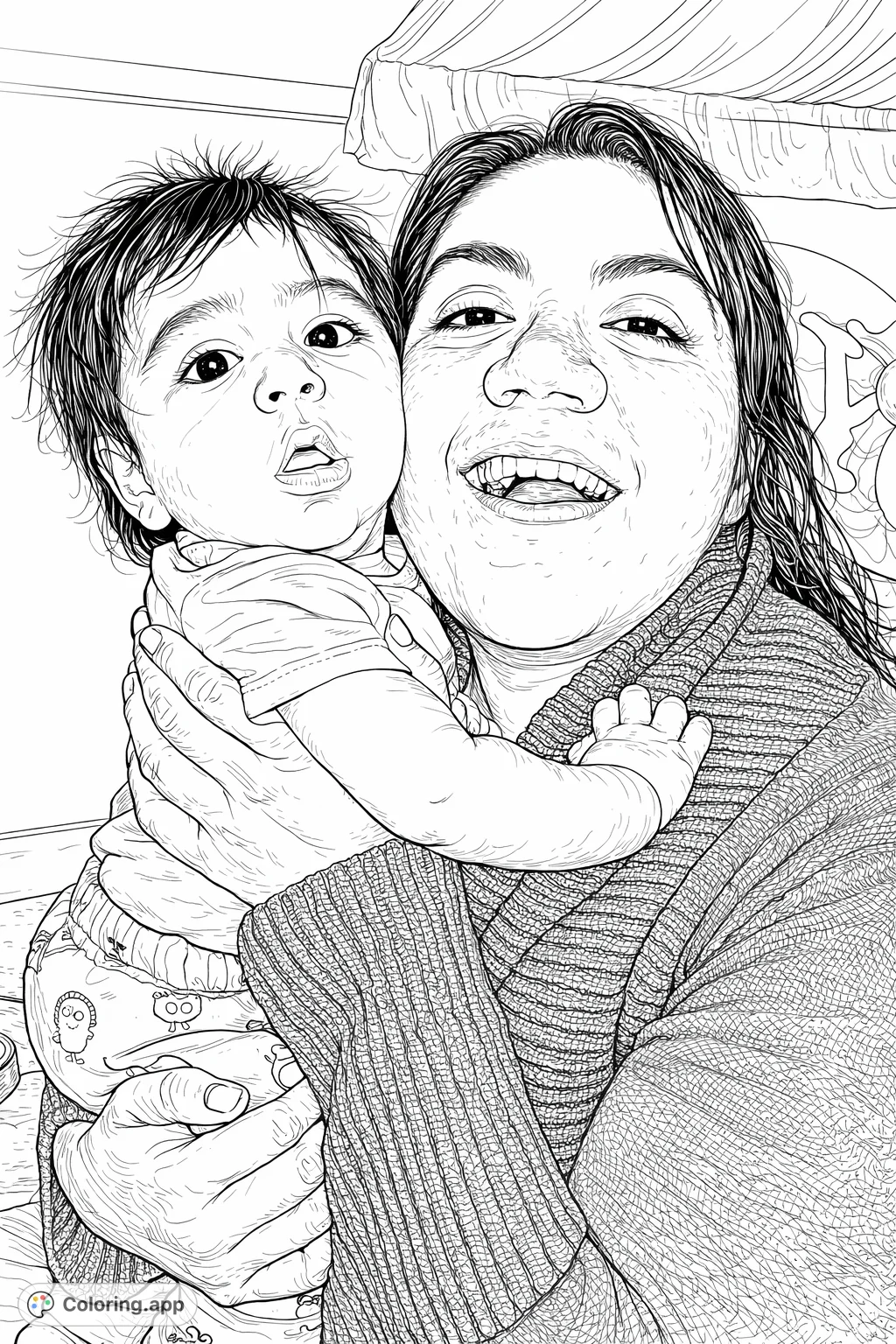 Capture the warmth of family with this detailed parent and child portrait. A beautiful scene of bonding for all ages to color and cherish.