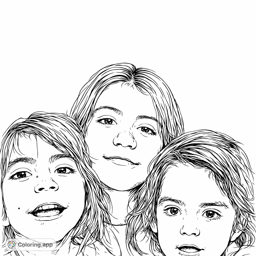 Capture the heartwarming bond of three young children in this detailed portrait. Perfect for exploring expressions and textures on a free printable coloring page.
