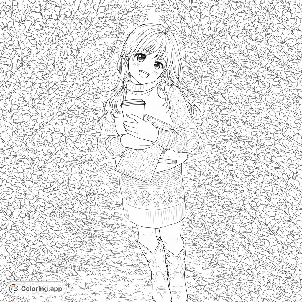 An anime-inspired girl in a cozy sweater and patterned skirt, holding a cup and gift. Features characteristic anime eyes and expressions against a leafy hedge.
