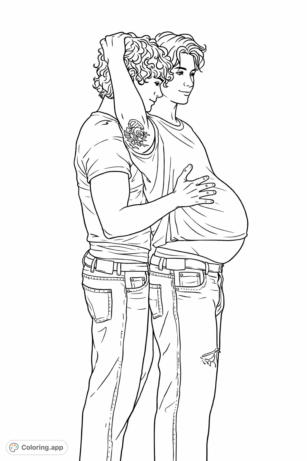 Celebrate love and family with this unique male pregnancy coloring page. Features two embracing figures, one with a prominent expectant abdomen, perfect for adult colorists.