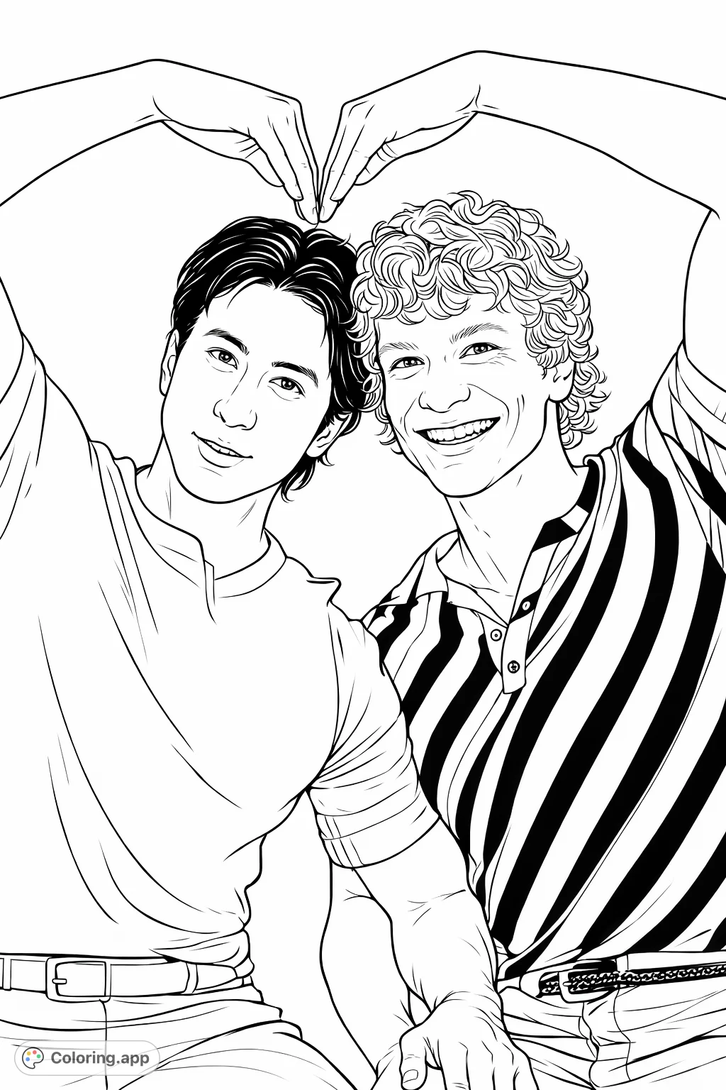 Two joyful individuals forming a heart with their hands, expressing connection and affection. A heartwarming scene to color and personalize.