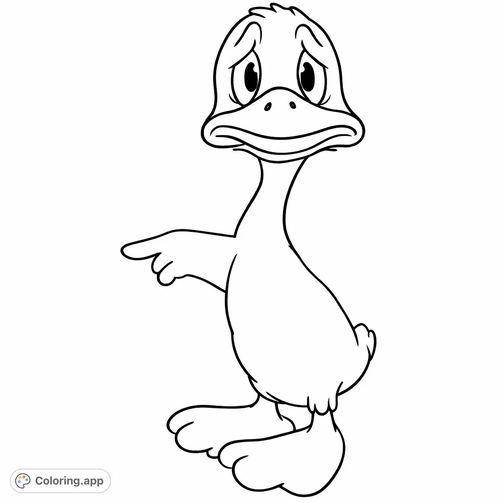 A charming cartoon duck character points forward, ready for adventure. This easy-level animal coloring page is perfect for kids to spark imagination!