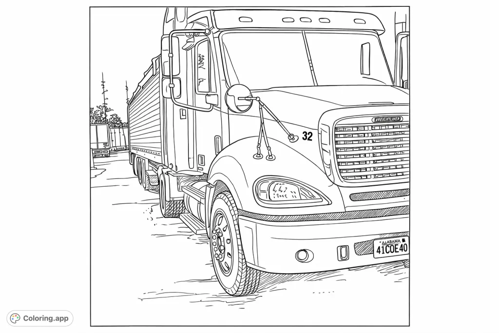 Explore the powerful details of a classic semi-truck and trailer. This intricate coloring page offers a realistic view of an iconic vehicle in a busy yard.