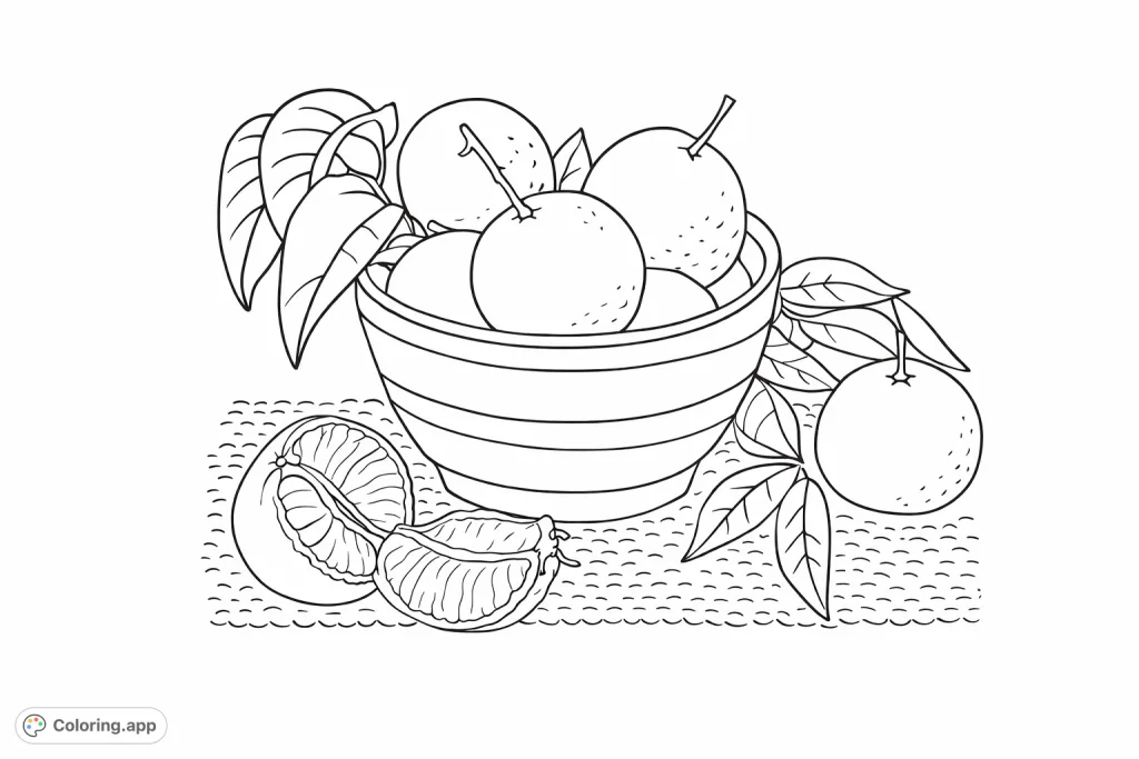 Enjoy coloring a delightful still life featuring a bowl overflowing with juicy citrus fruits, complete with leaves and a peeled fruit, all on a patterned surface.