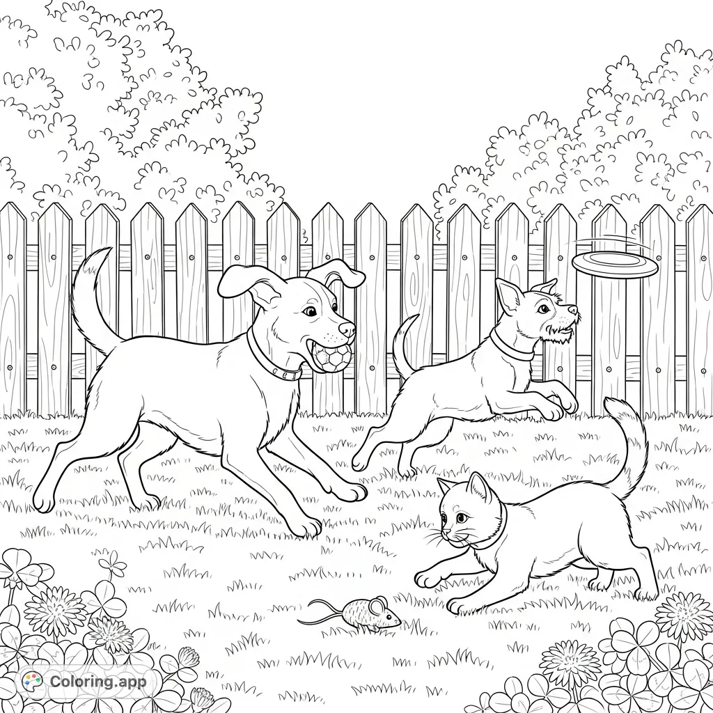 A delightful coloring page featuring two energetic dogs and a playful cat enjoying various toys in a sunny outdoor yard with a rustic fence and lush bushes.