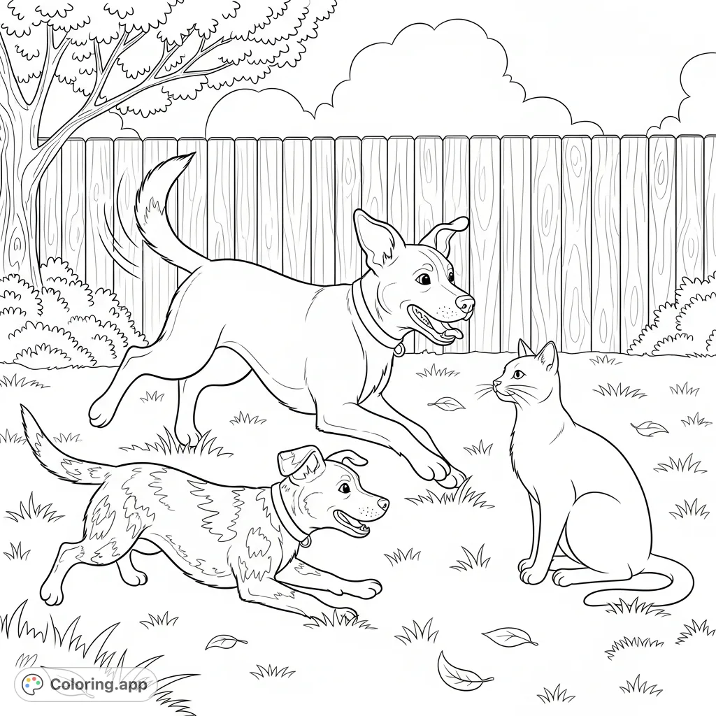 A charming scene featuring two cheerful dogs and a serene cat enjoying playtime outdoors in a detailed backyard setting, perfect for animal lovers to color.