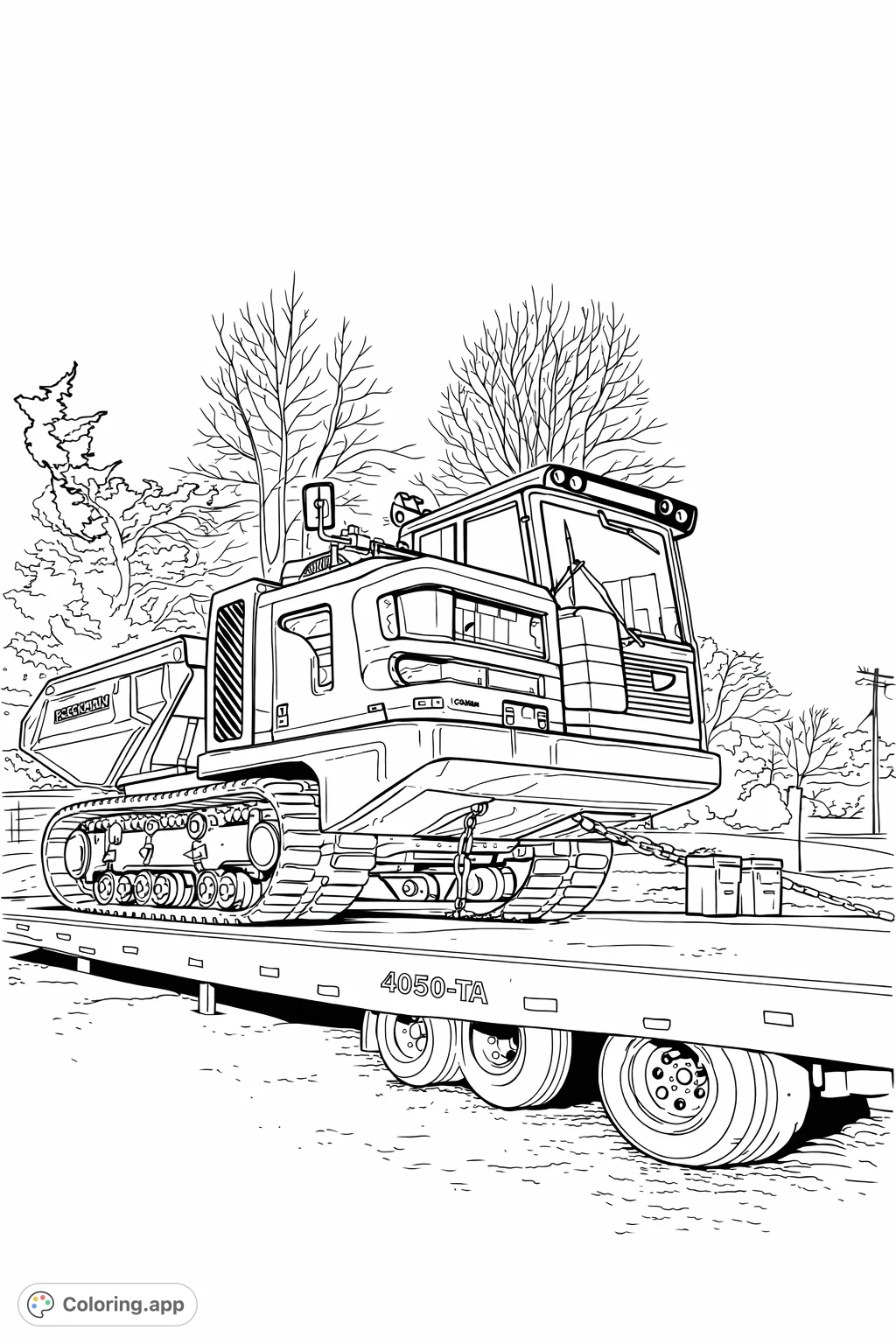Explore a powerful tracked dumper securely loaded onto a flatbed trailer, ready for transport. A detailed heavy machinery coloring page for enthusiasts.