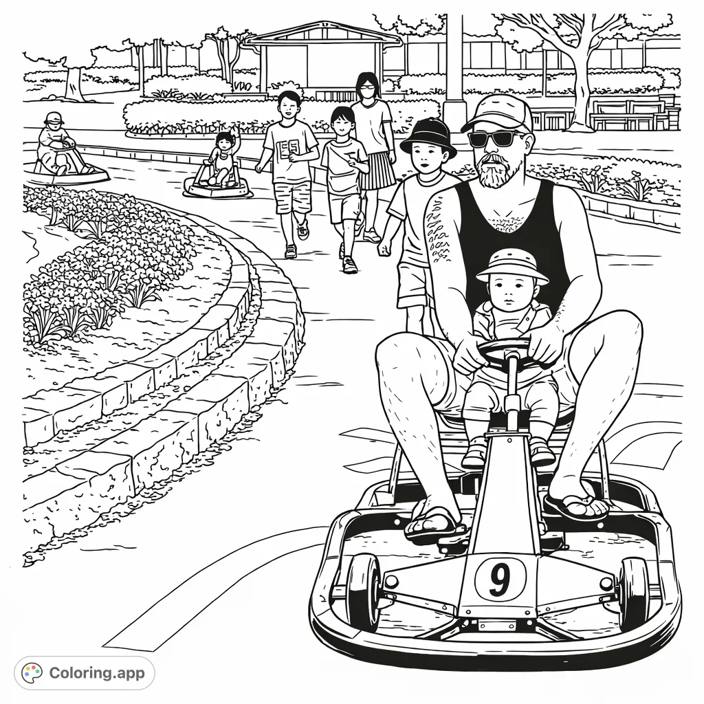 Enjoy a delightful family pedal kart ride featuring a man and child at an outdoor track. A fun park scene with other children and blooming plants.