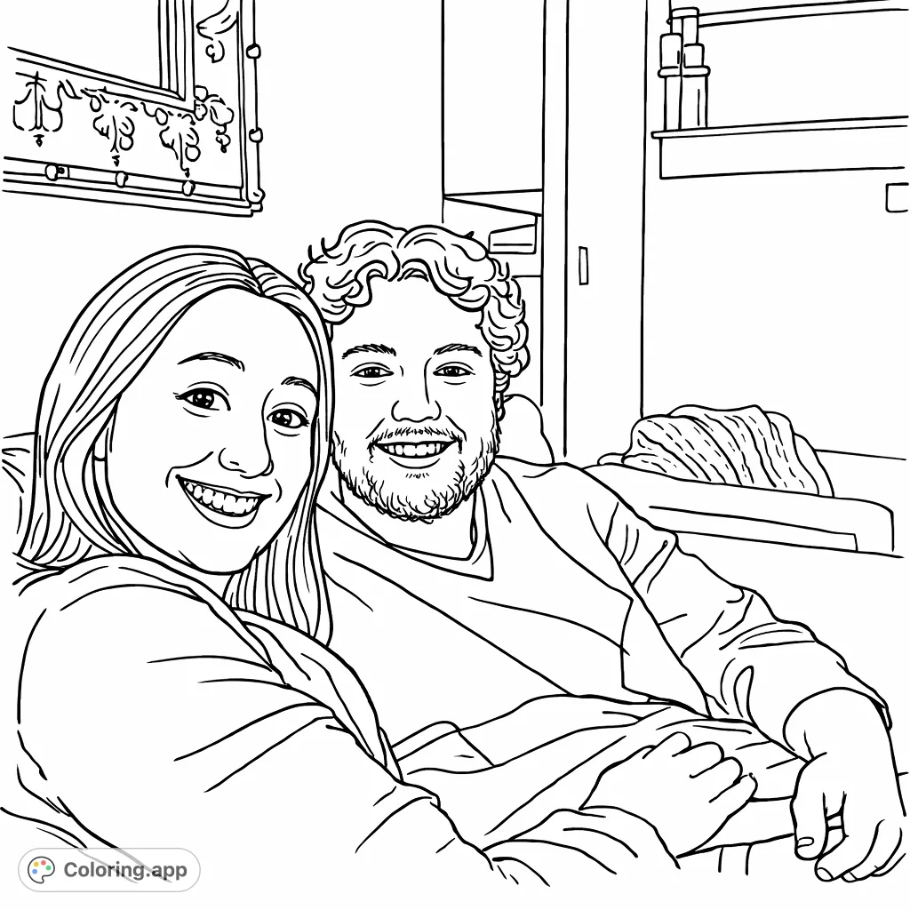 Capture a heartwarming moment of connection with this lovely coloring page featuring a smiling couple. Perfect for celebrating companionship and shared joy.
