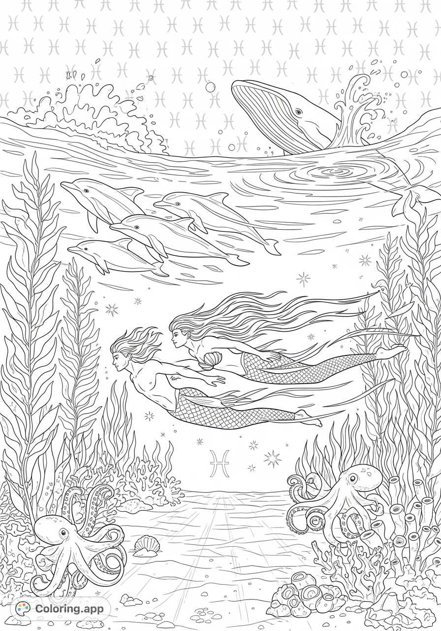 Dive into an enchanting underwater fantasy coloring page featuring a merman, mermaid, dolphins, a majestic whale, kelp forests, and hidden Pisces symbols.
