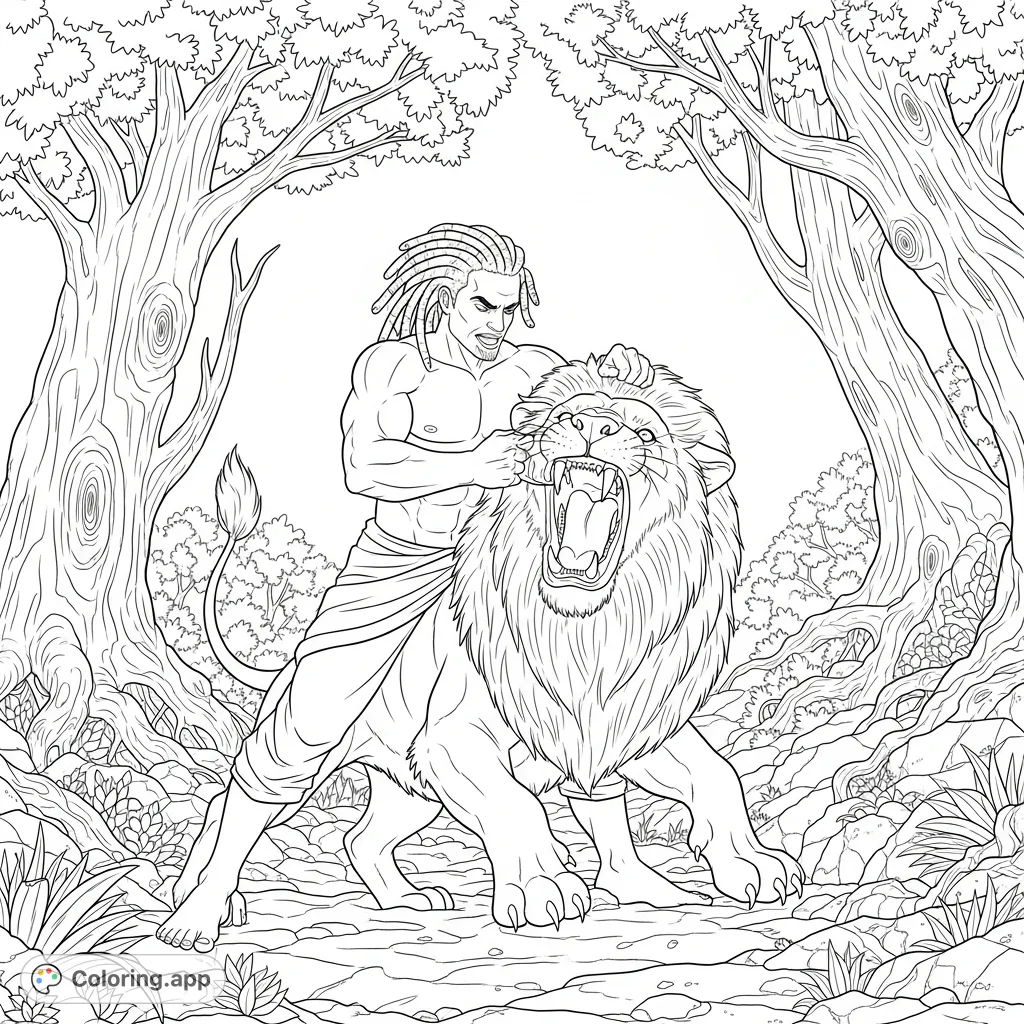 An intense coloring page depicting a valiant man with dreadlocks in a fierce struggle, holding a lion's jaws apart amidst an ancient wilderness.
