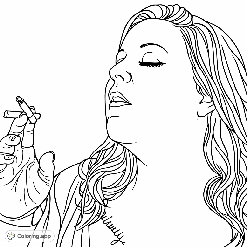 Color a striking profile of a woman with her eyes closed and a contemplative expression, holding a thin object, with a visible tattoo.