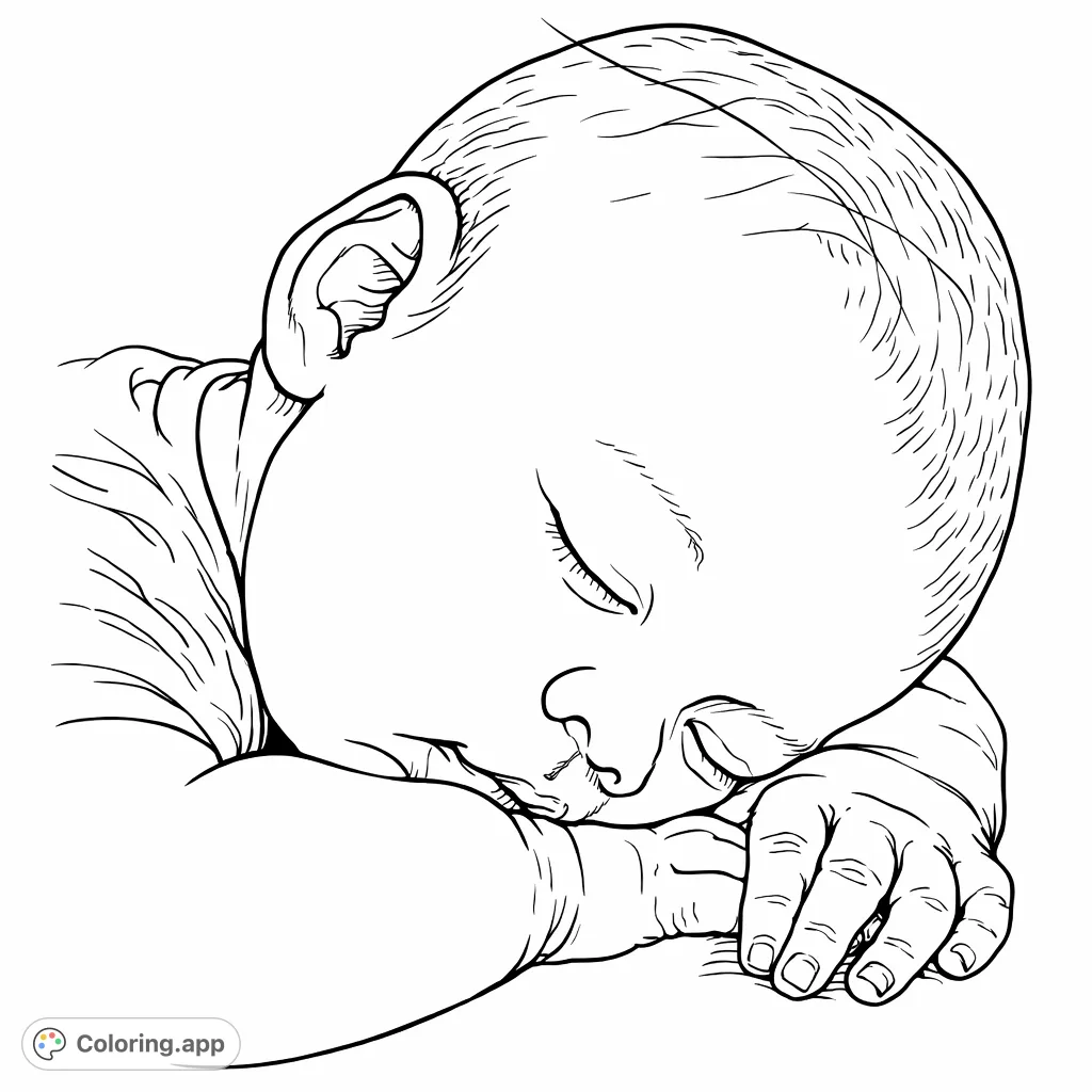 A tender depiction of a baby sleeping peacefully, resting its head on its small hands. A heartwarming scene perfect for mindful coloring and relaxation.