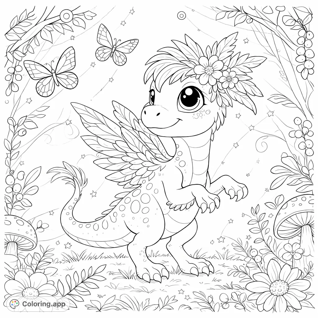 Discover a whimsical dinosaur creature with feathered wings and a floral headpiece, set in a magical forest scene with flowers, mushrooms, and butterflies.