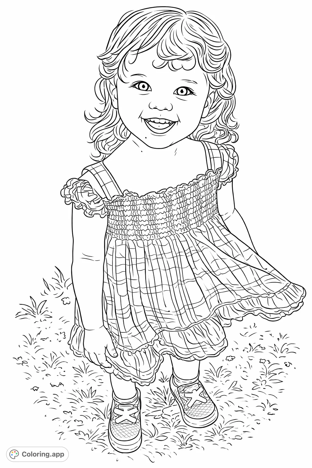 A cheerful child with curly hair and a plaid dress stands in a grassy field, offering a delightful scene for creative coloring fun.