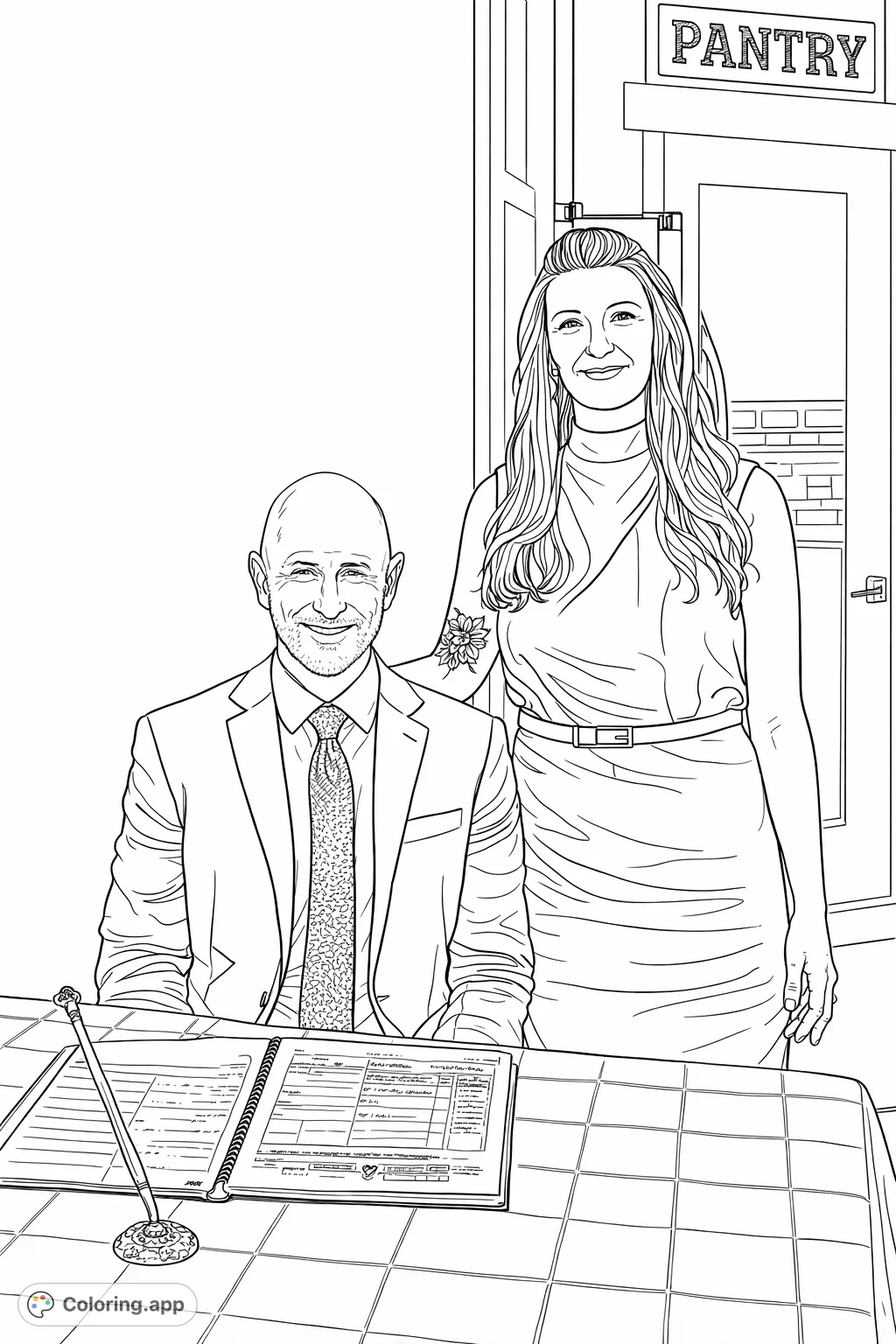 Capture a happy couple's special moment in this detailed coloring page. Featuring a smiling man and woman with formal attire and celebratory details.