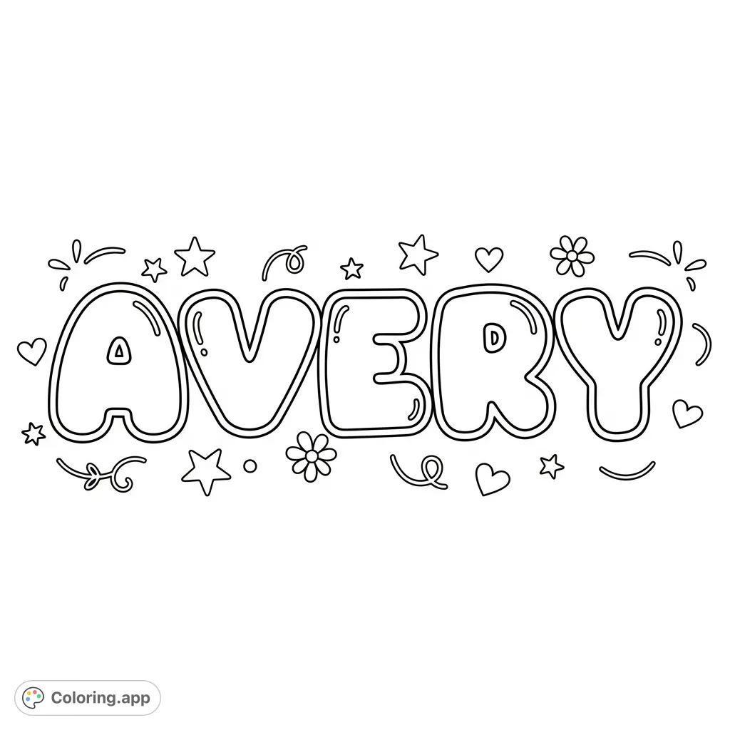 Personalize the name 'Avery' with this charming bubble letter coloring page. Features playful designs like stars, hearts, and swirls for creative fun.