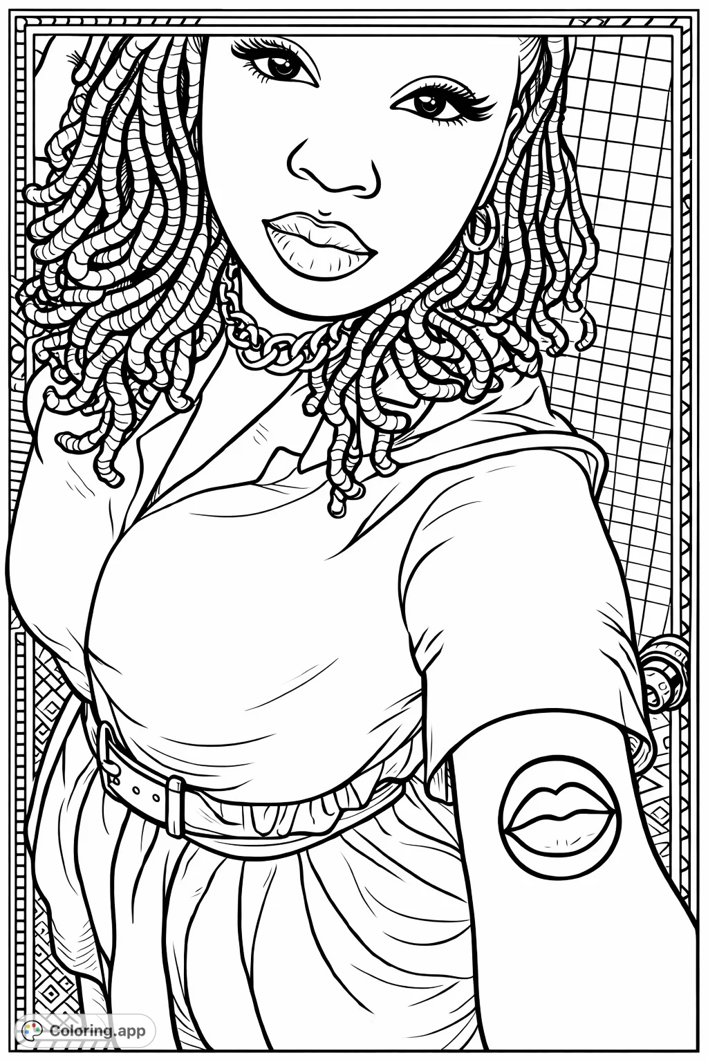 Capture contemporary style with a figure showcasing dreadlocks, a ruffled dress, and a distinctive arm tattoo. Add your creative touch to this detailed portrait.