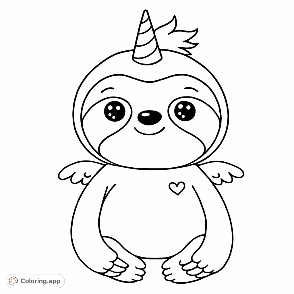 A delightful unicorn sloth coloring page, featuring a cute, winged sloth with a unicorn horn and a heart. Perfect for imaginative fun!