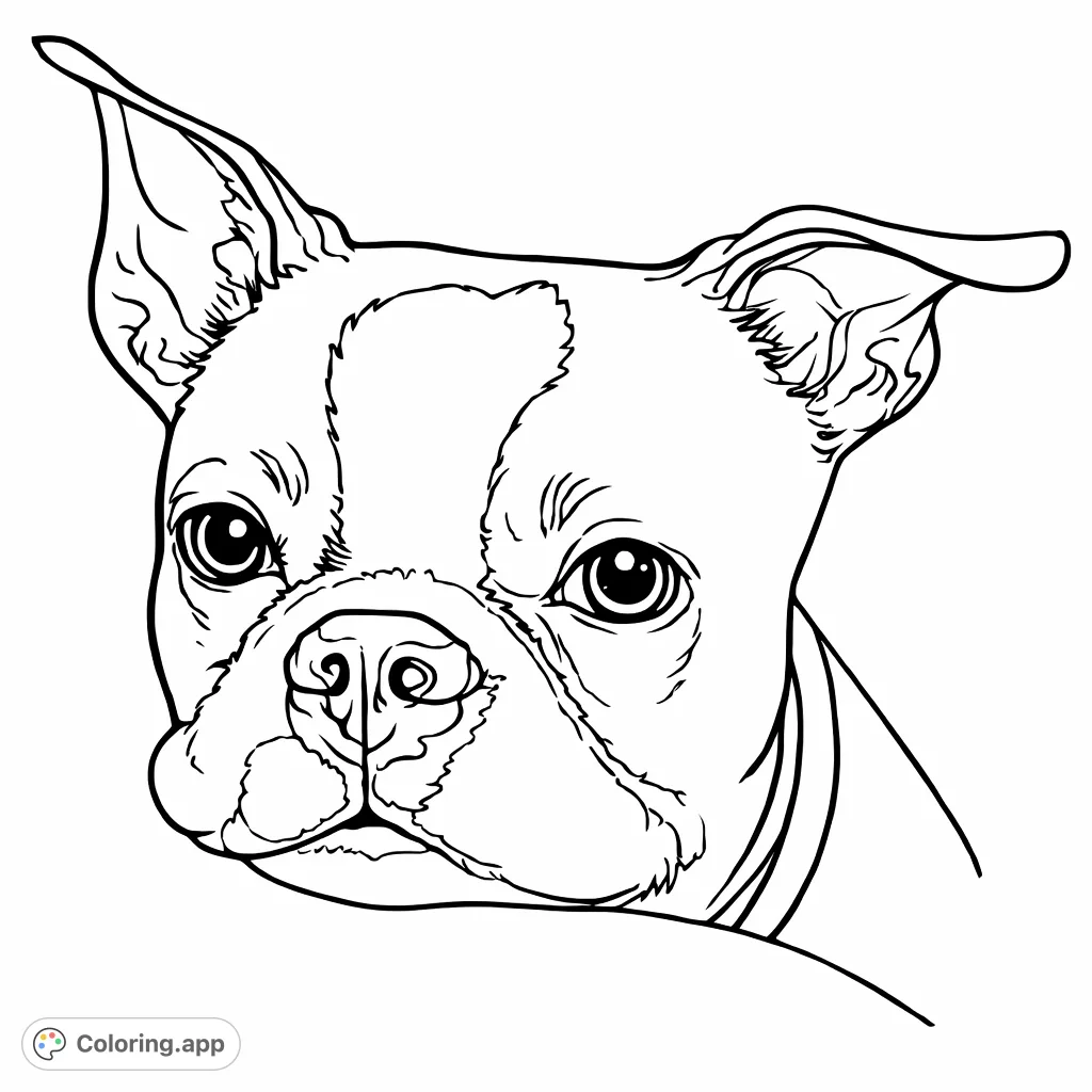 Capture the charming gaze of an adorable Boston Terrier. This detailed coloring page features a friendly canine portrait, perfect for dog lovers of all ages.