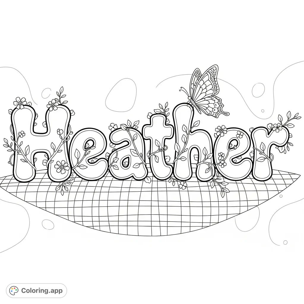 A charming "Heather" bubble letter coloring page featuring delicate vines, tiny blossoms, and a patterned butterfly. Perfect for personalized decor or a thoughtful gift.