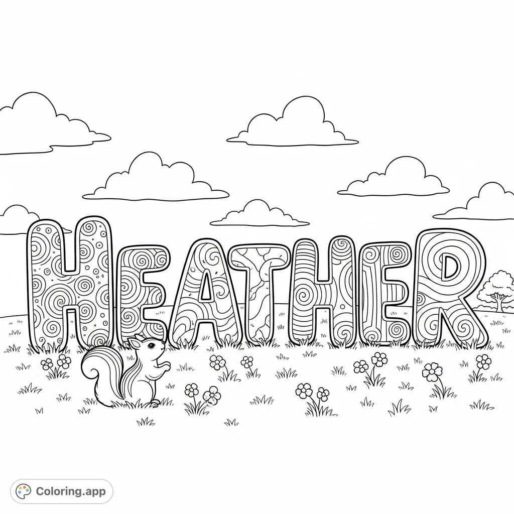 A personalized "Heather" coloring page with bubble letters, swirling patterns, a curious squirrel, wildflowers, and a peaceful meadow scene.
