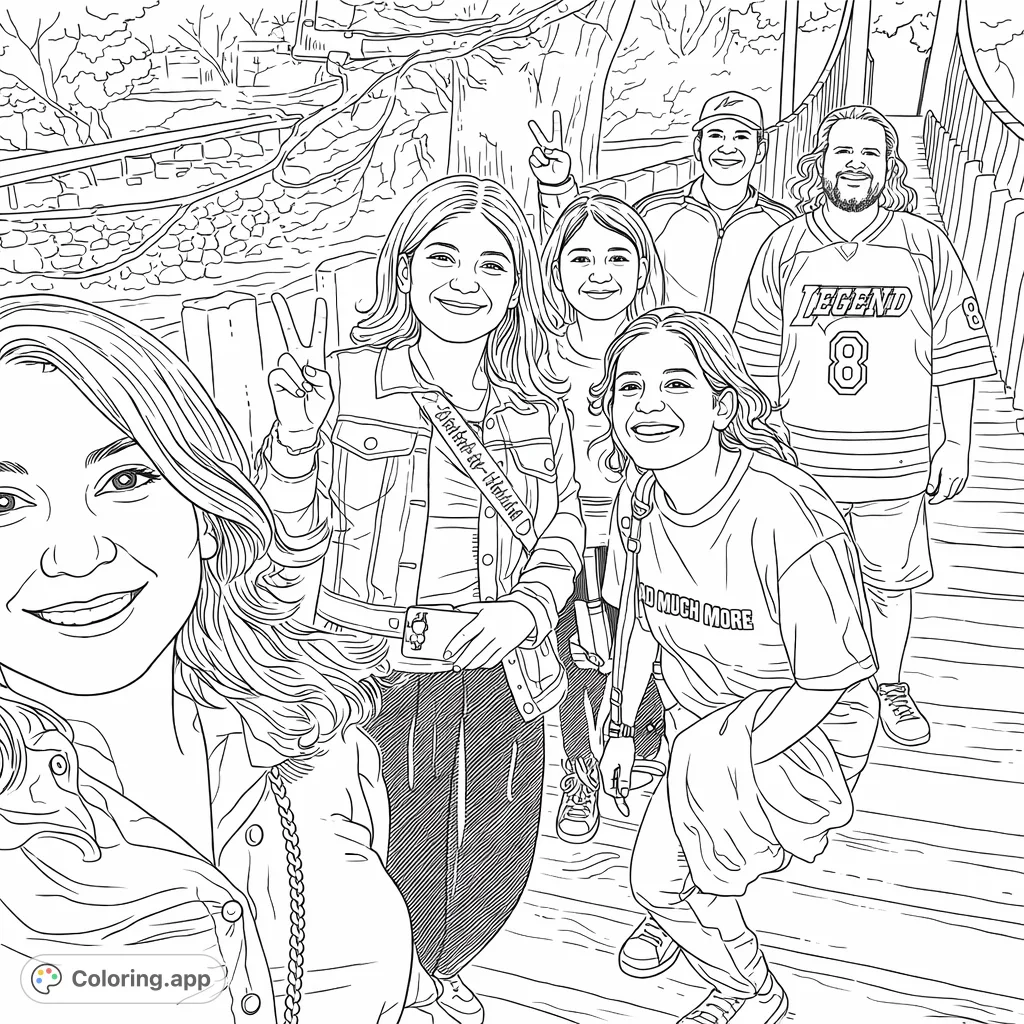 A joyful group of friends gathers on a rustic wooden bridge, posing for a memorable moment amidst natural surroundings. Perfect for coloring fun and relaxation.