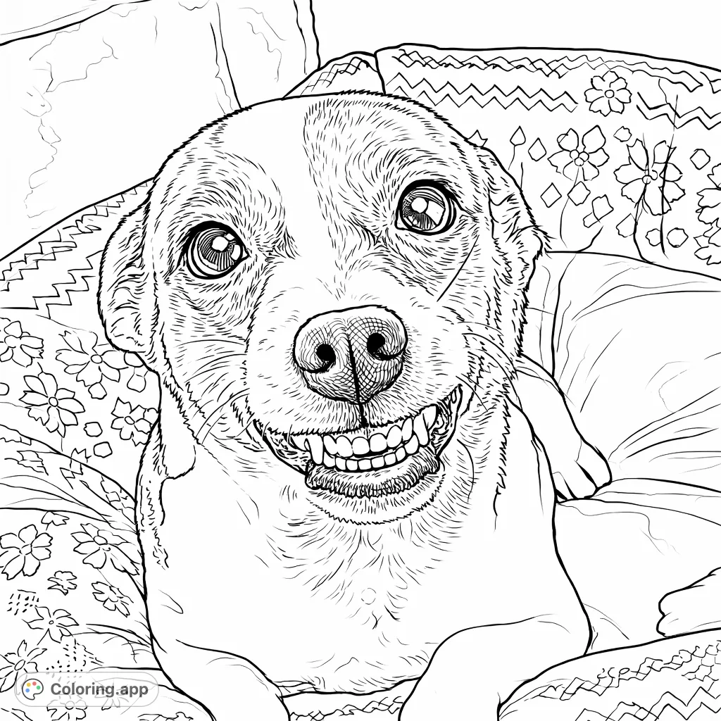 Smiling Dog on Cozy Bed - Coloring.app