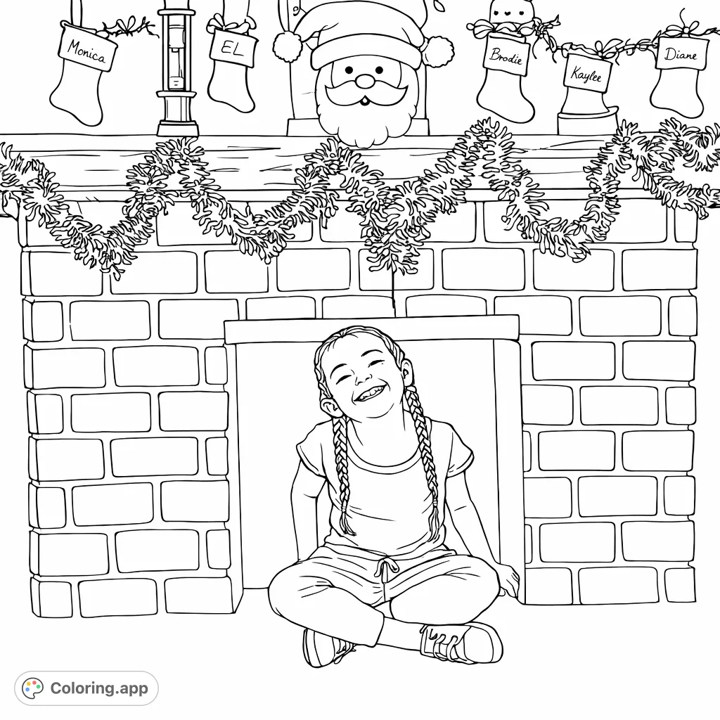 A joyful young girl sits inside a festive fireplace, surrounded by holiday decorations. A delightful scene for creative coloring and seasonal cheer.