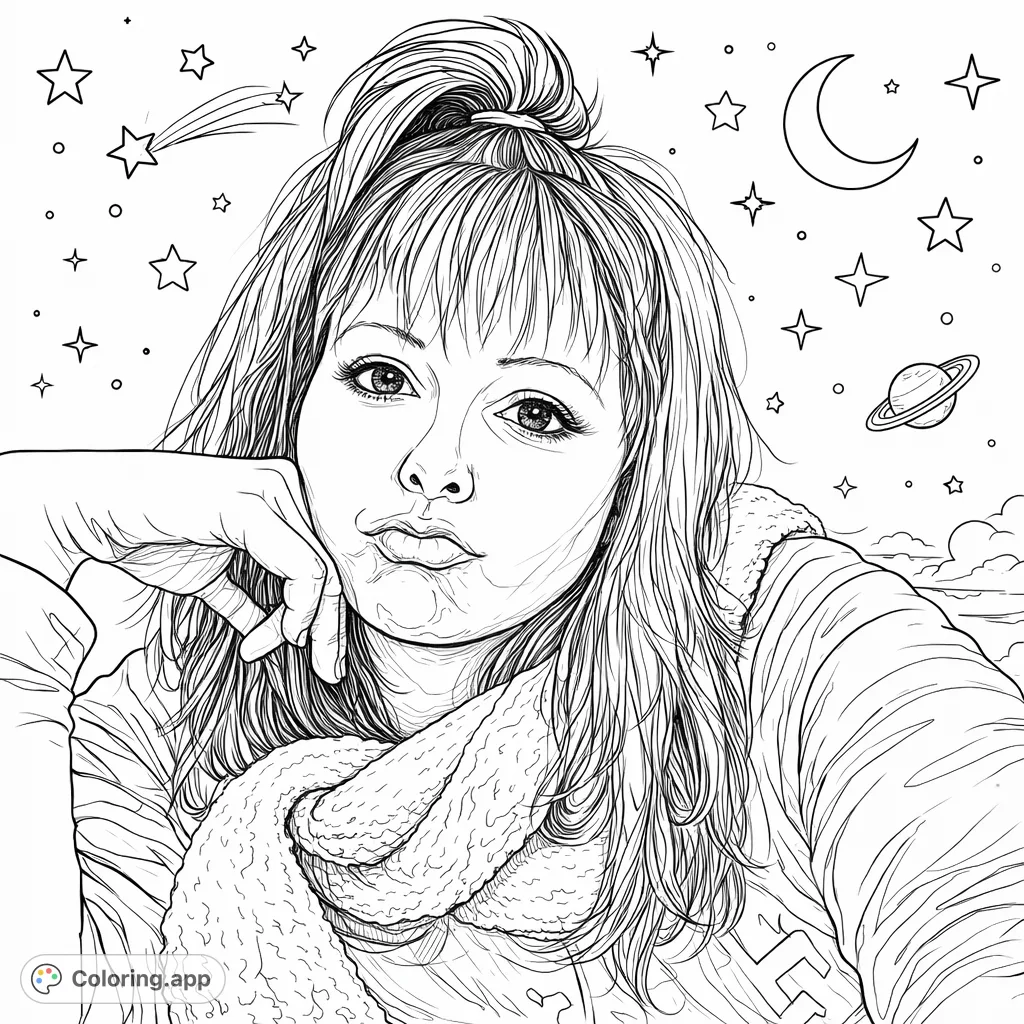 Color a realistic portrait of a woman with an expressive pout, resting her chin on her hand, adorned with intricate scarf textures and celestial elements.