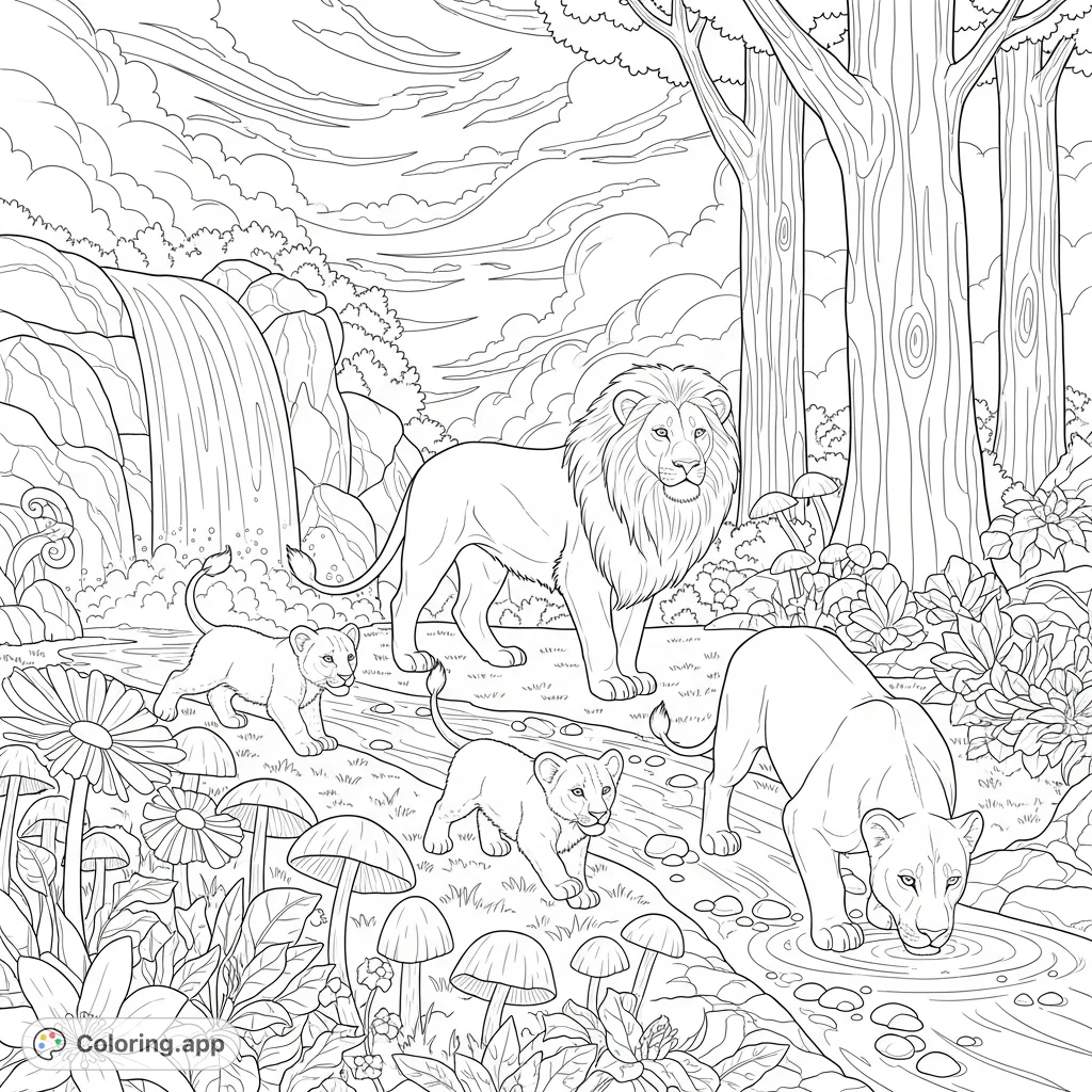 Majestic lions explore a magical woodland with glowing waterfalls, luminous mushrooms, and celestial skies, offering a captivating fantasy coloring adventure.