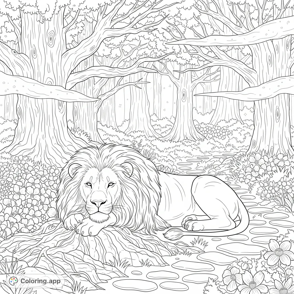 A serene old lion rests amidst ancient trees, delicate flowers, and mystical mist in a tranquil forest. A majestic nature coloring page for relaxation.