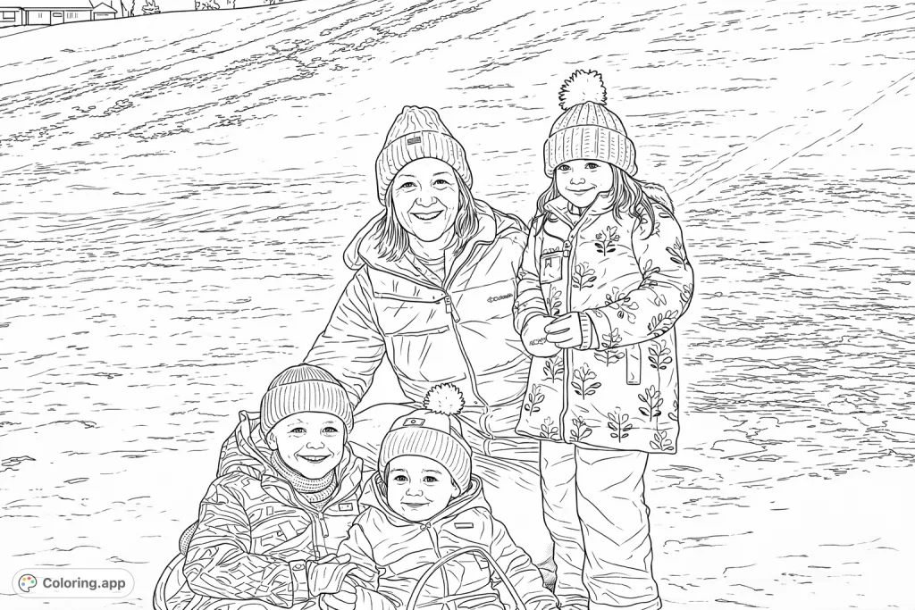 Join a joyful family bundled in winter gear, smiling together on a snowy slope. This winter family fun coloring page captures warmth and outdoor adventure for kids.