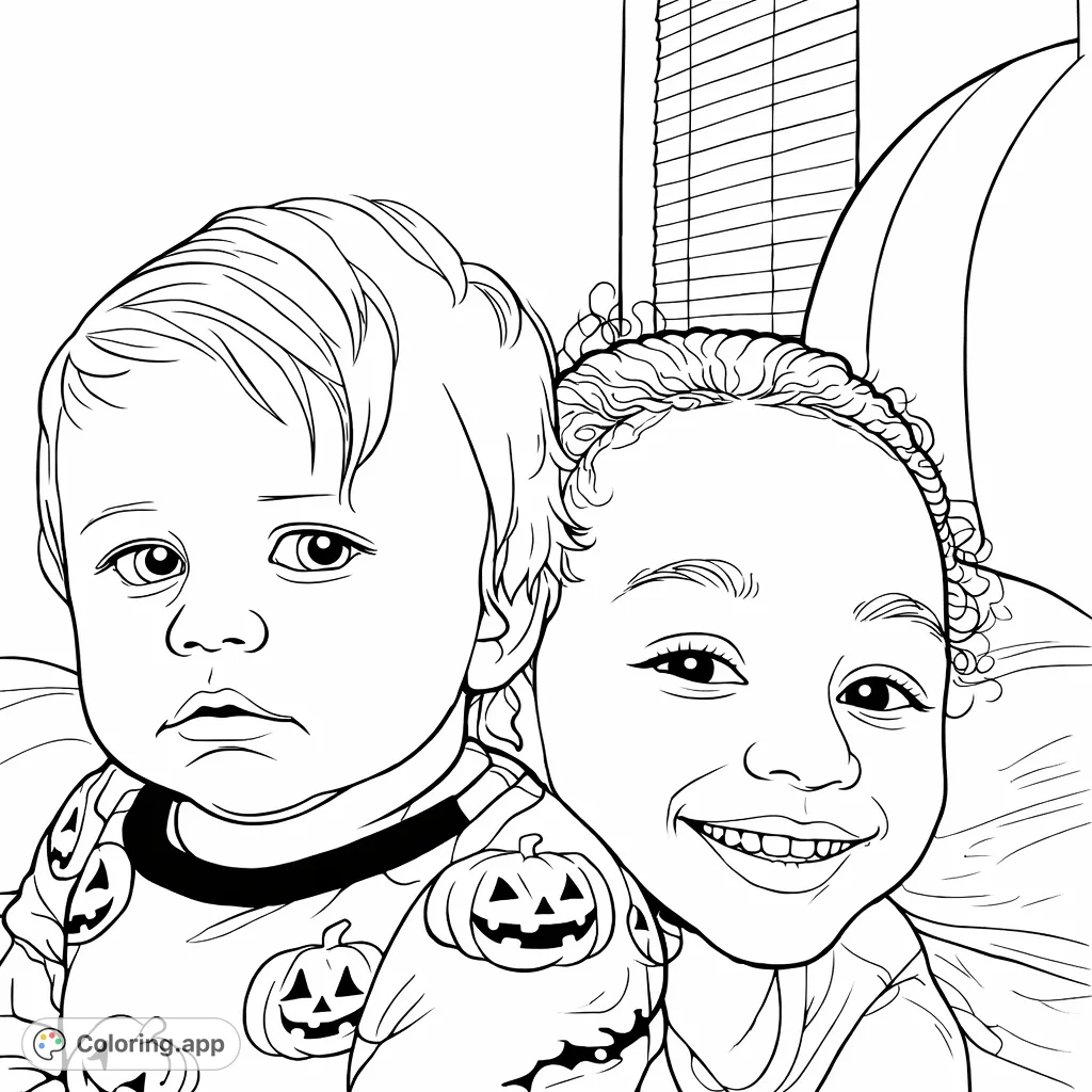 Smiling Siblings Halloween Fun - Coloring.app