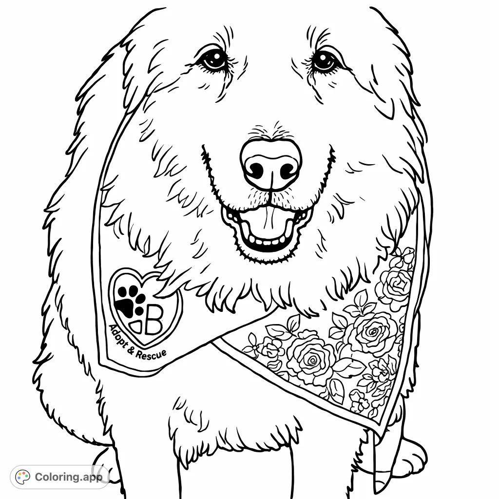 A delightful fluffy dog with a charming bandana featuring a paw print and intricate floral patterns, ready for your creative touch.