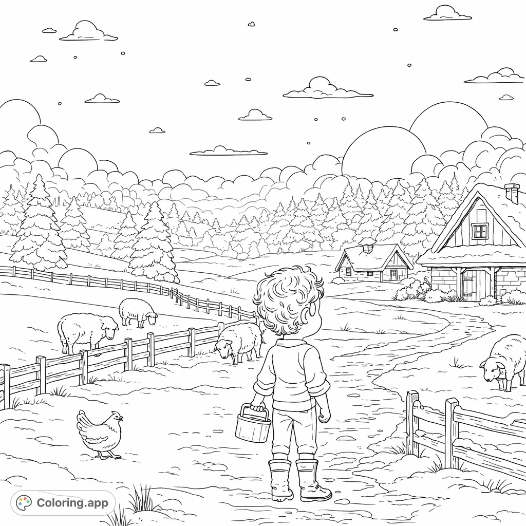 Embark on a cozy winter farm journey! A child observes sheep and farmhouses in a snow-covered landscape. A charming scene for any age.